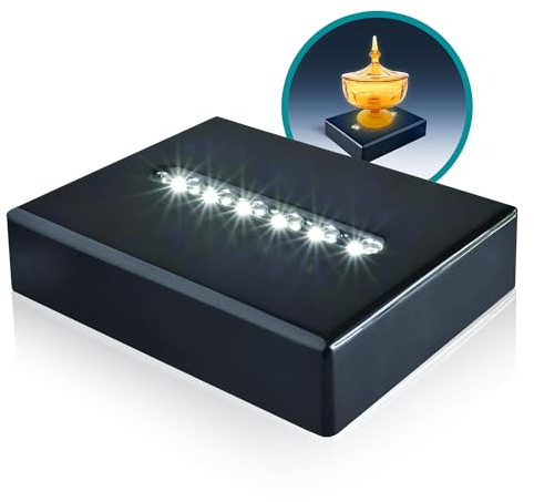 ASENTE 6 LED Light Pedestal - Rectangular Satin Matte Black Lacquer White Light Stand Base for 3D Art Glass, Room Decor and Gemstones and Crystals - AC/USB Adapter Powered (Black)