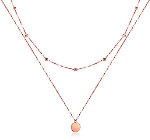 AFSTALR Damen Layered Kette Rosegold Plättchen Kette Doppel Multilayer Halskette mit Coin Runden Anhänger
