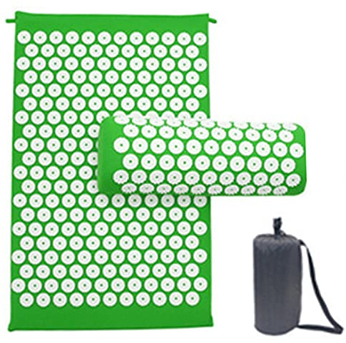 Juego de colchoneta de acupresión y almohada, para aliviar el dolor de espalda y cuello, para aliviar el estrés, con bolsa de viaje (verde)