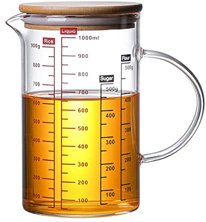 OnePine 1000ml Glasmessbecher mit Deckel, Messbecher aus Glas Hitzebeständig, Messbecher mit Skala Perfekt zum Küche Bar Restaurant