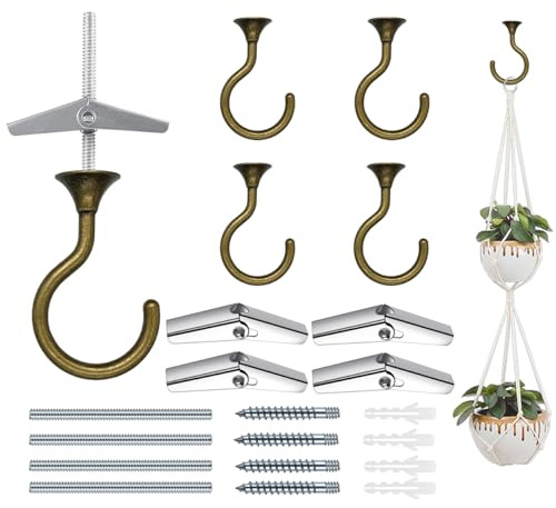 4 Sets Heavy Duty Swag Ceiling Hooks with Hardware for Hanging Plants, Cavity Wall Fixing, Easy Installation, Holds Up to 30lbs, Ideal for Home & Garden (4 Sets, Antique Brass)