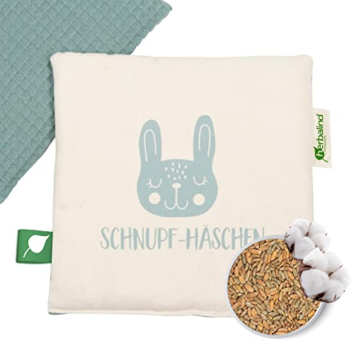 Herbalind Duftendes Bio Wärmekissen für Baby & Kinder - Schnupf Häschen - Körnerkissen Kräuterkissen Erkältungskissen (Minze), 100% Baumwolle, 19x19 cm Geburt Geschenk