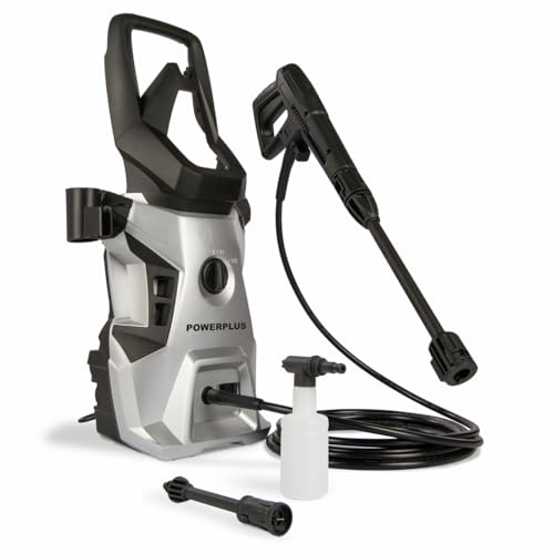Powerplus Elektrischer Hochdruckreiniger POWXG90408-1800 Watt Terrassenreiniger, Start/Stopp-Funktion, Max. 140 Bar Druck und 50°C Temperatur, 5 m Schlauch und Zubehör inbegriffen