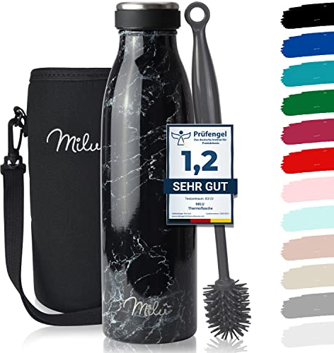 Milu Edelstahl Trinkflasche 350ml 500ml 750ml 1L 1,5L Thermosflasche, Isolierte Wasserflasche, Auslaufsichere Isolierflasche doppelwandig, Kohlensäure geeignet – inkl. Reinigungsbürste (Granit, 500ml)