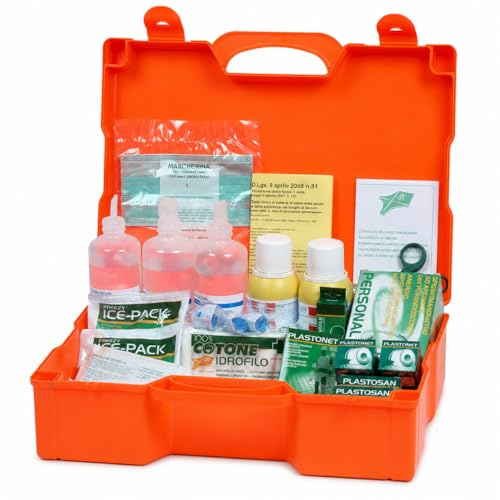 Cassetta Primo Soccorso Aziendale CPS154 per Aziende Oltre 2 Persone, Kit Conforme DM 388/03, Valigetta PVC Arancione Appendibile con Garze Disinfettante Ghiaccio Termometro