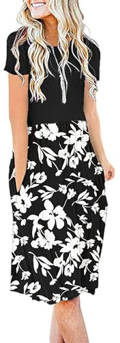 AUSELILY Damen Kleider Sommer Sommerkleider Knielang Kurzarm Empire Freizeitkleid Schicke Shirtkleider mit Taschen