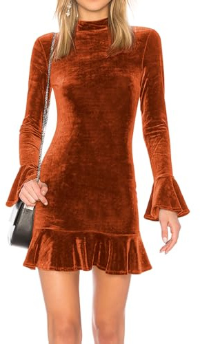R.Vivimos Mini Vestido Recortado De Manga Larga para Mujeres Vestido De Terciopelo Corto Vestido De Volantes Casuales(S,Marrón óxido)