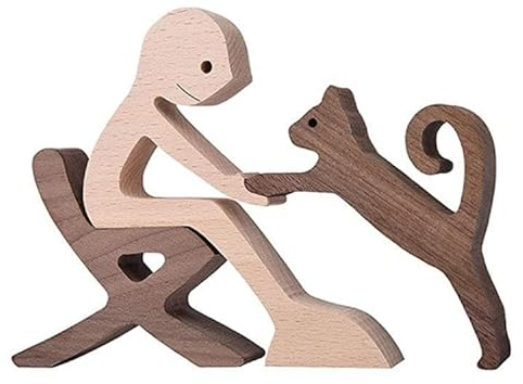 Joayuezo Holzfiguren mit Hund Skulptur Ornamente Set Handwerk Statue Skulptur Ornament Minimalistisches Dekor für Schlafzimmer, Heimbüro, Regal (B48)