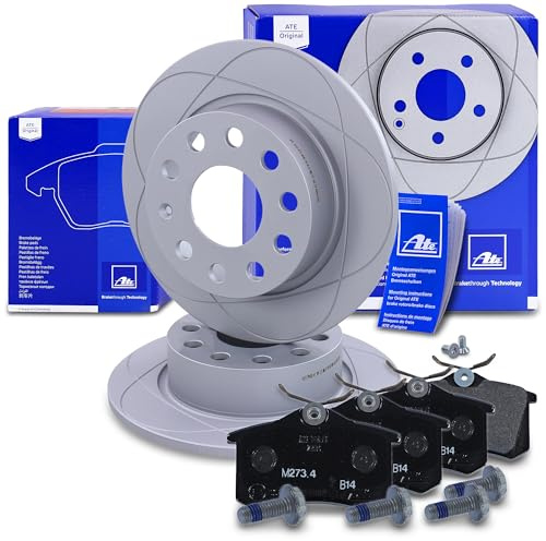 ATE Set di freni per asse posteriore + dischi freno posteriori PowerDisc ¯ 253 mm completi e pastiglie freno posteriori Compatibile con AUDI A3, SEAT, SKODA, VW CADDY 3, EOS, GOLF PLUS 5, SCIROCCO 3