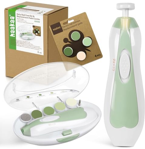 haakaa Baby nageltrimmer, elektrisk babynagelklippare, set för nyfödda, småbarn eller vuxna, nagel- och tånagelvård, babynagelvårdsset och extra 4 reservkuddar, kombination, Meadow