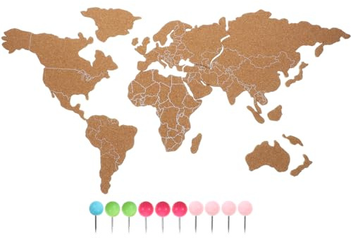 Tofficu Cork Board World Map Self-Adhesive Wall Art Geography Pin Board for Home Office Peel and Stick Decorative Map with 10 Thumbtacks 27.56 X 15.75 X 0.12 in