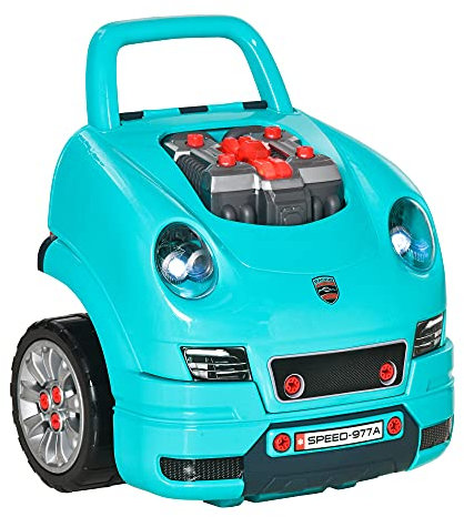 HOMCOM Officina Camion Giocattolo con Motore e 61 Accessori per Bambini 3-5 Anni, Ruote e Maniglia, 40x39x47cm, Azzurro