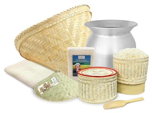 PANWA Sticky Rice Deluxe Value Savings Set - Includes Steamer Pot, Handcrafted Bamboo Wing Basket & Lid, 24” Grade 90 Cheesecloth, Kratip & 500 g. Premium Thai Sticky Rice with Paddle