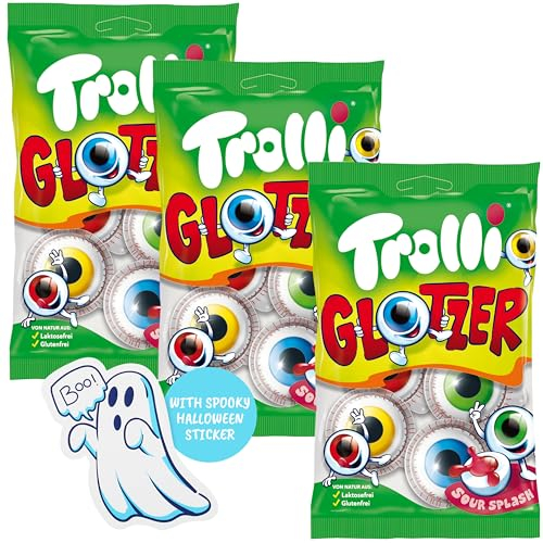 Trolli Glotzer Bonbons d'Halloween – 3 sachets de 75g avec 4 yeux chacun (12 Glotzer au total) – Sans lactose et sans gluten, avec autocollants fantômes – Parfait pour les sacs d'école, les pinatas et