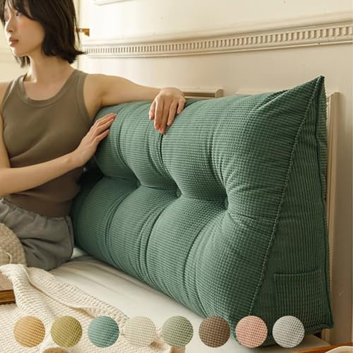 Bettkissen Rückenlehne 180cm Grün, Groß Rückenlehne Kissen Wand, Rückenkissen Bett Cord, Dreieckige Keil Kopfteil Kissen, Waschbar Rückenstützkissen Bett Wandkissen Lesekissen mit Seitentasche