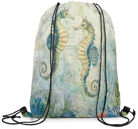 Tunnelzug Gymsack Cartoon Seepferdchen Unterwasserwelt Botanische Blätter Gymnastikbeutel Mädchen Klapprucksack Damen Unisex Turnbeutel, Für Reisen, Schwimmen, 36x42cm