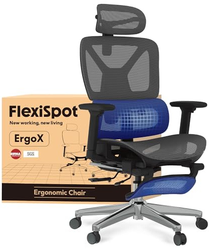 FLEXISPOT ErgoX Silla Escritorio con Reposapiés, Silla Ergonomica Escritorio con Soporte Lumbar, Respaldo 5D Ajustable, Inclinación 135°, Cojín Transpirable, Reposabrazos 3D, Ideal Oficina, Gris