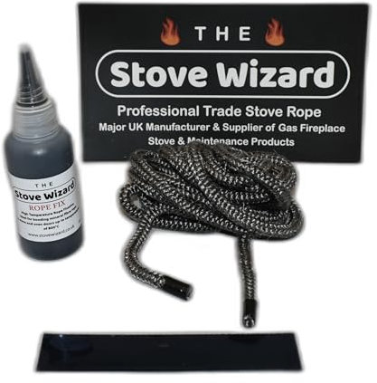The Stove Wizard Black Stove Rope Kit 14mm x 2.5m Long with Large 50ml Super Seal Adhesive Flues Glass Door Seals Wood Log Burner Multi Stove Replacement Made In The UK