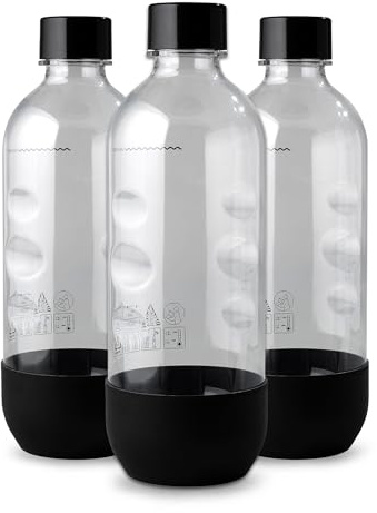 Replacement Carbonating Sparkling Water Bottles for SodaStream - 1 Liter, BPA-Free & Leak-Proof (Compatible with Fizzi, One Touch, Jet, Source, Play, Genesis, Power Models) - 3-Pack (Black)