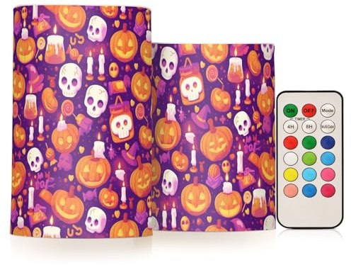 FRODOTGV Juego de 2 velas LED con temporizador de 4 horas y 8 horas, funciona con pilas, para decoración del hogar, truco o trato, calaveras, dulces