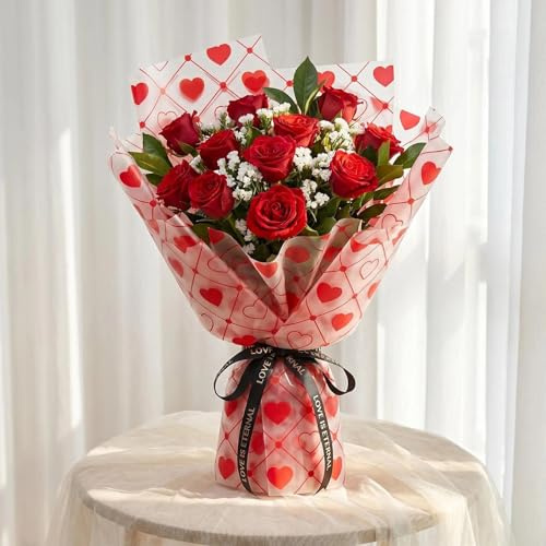 20 Stück Rot Papier für Blumenstrauß Wasserdicht Blumenpapier mit Herzmuster TUIOLUI Blumen Geschenkpapier Blumenstrauss Papier Verpackung - 58x58 cm