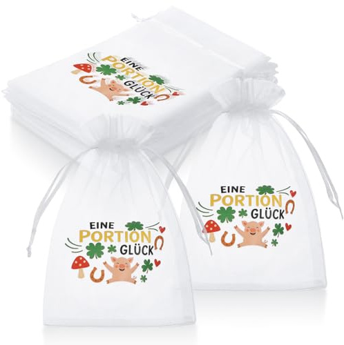 Hestya 30 Stk Gastgeschenke Glücksbringer Eine Portion Glück Organzabeutel | Organzasäckchen zum Befüllen, Klein Geschenkbeutel, Glückskekse Geschenktüte, für Mitgebsel Geburtstag Hochzeit Taufe