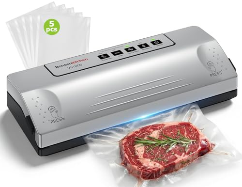 Bonsenkitchen Vacuum Sealer Machine, 30cm Longer Seal, Compact Design | Multi-Functional Food Sealer for Sous Vide & Food Preservation, Automatic Operation Mode, Includes 5 Pre-cut Bags, Silver