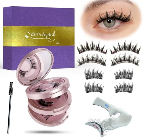 Magnetic Eyelashes with Applicator – Natural & Cute Strip Style Magnetic Handmade Lashes, Cat-Eye Half Lashes, Reusable No-Glue C-Curl False Lash & Mirror Case