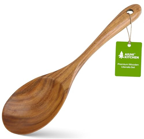 AIUHI Teak Wooden Salad Spoon, Durable Wooden Serving Spoon, Nonstick-Safe Wooden Utensil for Mixing, Frying & Serving