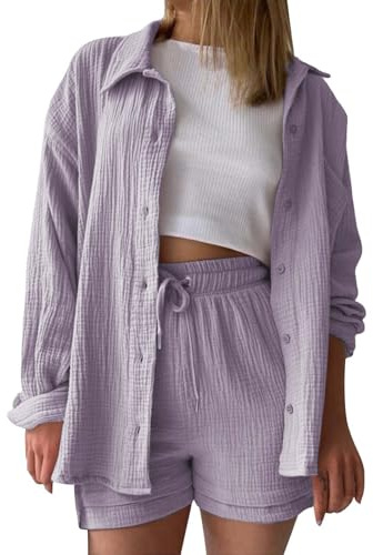 Musselin Bluse Damen Langarm Elegant Baumwolle Hemdbluse Tunika Sommer Oberteile Casual Longbluse Einfarbig Blusen Lässig Oberteil Oversized Leinenbluse Mit Tasche Und Knopfleiste Lila L