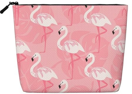 Summer Flamingo Palm Leaves Portable Cosmetics Case Fake Hemp, Large Makeup Bag Water Resistant Travel Toiletry Pouch