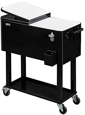 Bonnlo 76L Servierwagen mit Rollen, Getränkekühler aus Metall mit Ablauf – Kühlwagen mit Ablagefach & Feststellrädern, Ideal für Outdoor-Partys, Garten, Camping & Strand, 77,5 x 38,5 x 84 cm, Schwarz