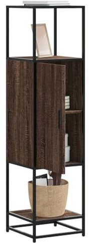 Foknhdi Mobile alto con porta scorrevole, 35,5 x 35 x 139 cm, effetto rovere, struttura in metallo, porta flessibile e montabile, piccola credenza per soggiorno e corridoio