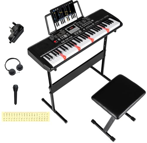 Maxmass 61 Key Digital Keyboard, Electronic Piano with Stool, Adjustable Stand, Microphone, Headphone, Portable Musical Instrument Keyboard Piano for Beginners Adults Kids (85x28x12cm)
