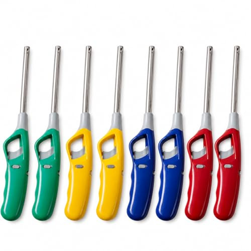 Stabfeuerzeug 8 Stück Set – Nachfüllbar 27 cm, Langes Gasfeuerzeug – Für Kerzen, Grill, Kamin & Herd – Bunt, mit Lock-Schalter, Sichtfenster & Einstellbarer Flamme