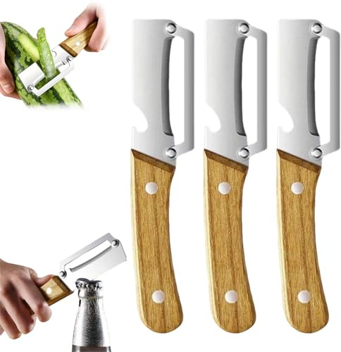 ChAusa - Pelador multifunción 3 en 1 de acero inoxidable (3 unidades) | Pelador de verduras multifunción de madera maciza versátil con abrebotellas incorporado, hoja afilada para pelar