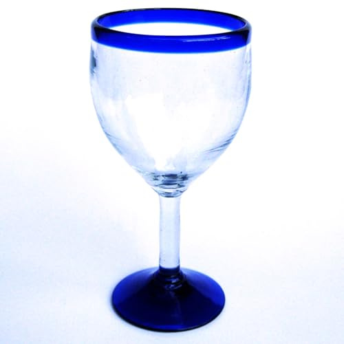 MexHandcraft Cobalt Blue Rim 13 oz Wine Glasses (set of 6), Recycled Glass, Lead-free, Toxin-Free (13oz Wine)
