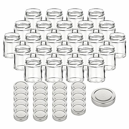 gouveo 24er Set Einmachgläser 156 ml Klassik mit Schraudeckel silberfarben - Kleine Vorratsgläser mit Verschluss TO58 Deep - Leere Gläser zum Einkochen und für Marmelade und Selbstgemachtes