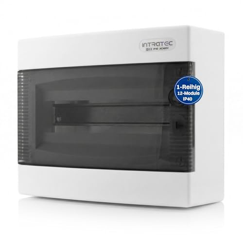Intratec Sicherungskasten Aufputz 1 reihig – IP40 Verteilerkasten Aufputz Gehäuse für 12 Module mit transparenter Tür für einfache Installation Zuhause & Gewerbe – 236 x 287 x 112 mm