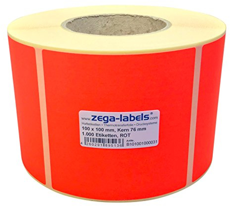 Thermotransfer Etiketten ROT auf Rolle - 100 x 100 mm - 1.000 Stück je Rolle - Kern: 76 mm - Papier Leuchtrot - permanent haftend - Druckverfahren: Thermotransfer (Drucken mit Farbband)