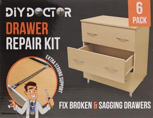 DIY Doctor Drawer Repair Kit (6 Pack) – Fix Sagging Kitchen Drawers – Front Fixing Brackets & Bottom Support – Replacement for Damaged Units – Draw Strengthener Pack