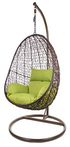 Kideo Komplettset: Hängesessel mit Gestell & Kissen, Lounge-Möbel, Poly-Rattan (Gestell- und Korbfarbe: braun, Kissen: grün Nest (6068 Apple Green))