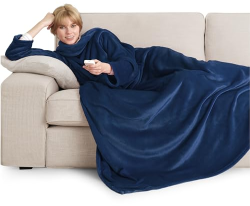 BEDSURE Decke mit Ärmeln Kuscheldecke - Weihnachten Geschenke, Warm Ärmeldecke & Sofadecke für Erwachsene, Flauschige Ganzkörperdecke zum anziehen, Tragbare Decke, 150x200cm, Marineblau