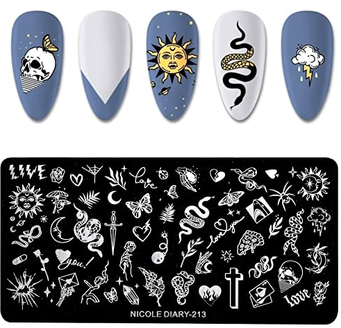 NICENEEDED Punk Style Nail Art Stempelschablone, Tarot Kreuz Schlange Schmetterling Bild Nagelplatten Nagelzubehör, 1Pc Mix Muster Vintage Nagelschablonen