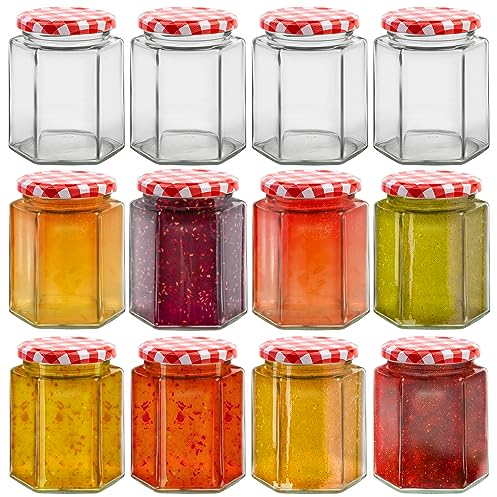 HEFTMAN Piccoli Barattoli di Vetro - 12 Barattoli Ermetici da 250 ml, Esagonali con Coperchi a Quadretti Rossi da Utilizzare Come Barattoli per Decapaggio e Molto Altro Ancora - Confezione da 12