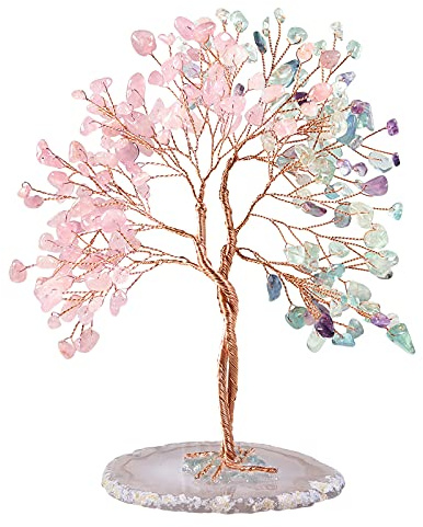 mookaitedecor Rose Quartz & Fluorite Crystal Tree of Life Healing Crystal Money Tree with Agate Slice Base, Crystal Bonsai Tree Good Luck Crystal Gift for Women Feng Shui Ornament Wedding Gift
