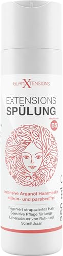 Extensions Spülung - ohne Silikone | hoher Anteil Arganöl - Für Rohhaar, Echthaar, Extensions Pflege Haarverlängerungen Perücken und Haarteile, 1 x 250ml