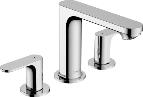 hansgrohe Rebris S - 3-Loch Waschtischarmatur mit Zugstange und Ablauf, Wasserhahn Bad mit Auslauf Höhe 107 mm, Mischbatterie Waschbecken wassersparend (EcoSmart), Chrom, 72530000