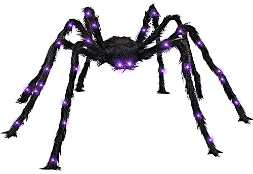 Halloween Decoración Araña Gigante 125cm, Casa Exterior, Arañas con LED Morado, Accesorios Jardín Luces Fiesta