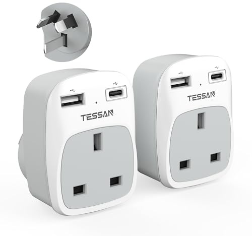 Australian Plug Adaptor from UK 2 Pack, TESSAN AU AUS NZ Plug Travel Adapter with 2 USB Ports, Grounded Power Adapter to Australia China Fiji Argentina New Zealand (Type I)